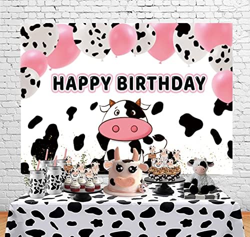 InMemory Cow Happy Birthday backdrops Pink bijeli baloni Cow Print Birthday Photography pozadina za djecu dječak djevojka sveta krava 1. bday ukrasi Domaće životinje Party Banner Photo Booth pozadine 7x5ft