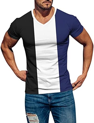 XXBR MENS kratki rukav s majica V vrat, ljetni prugasti patchwork Slim Fit Sports Tee vrhovi lagana treninga majica